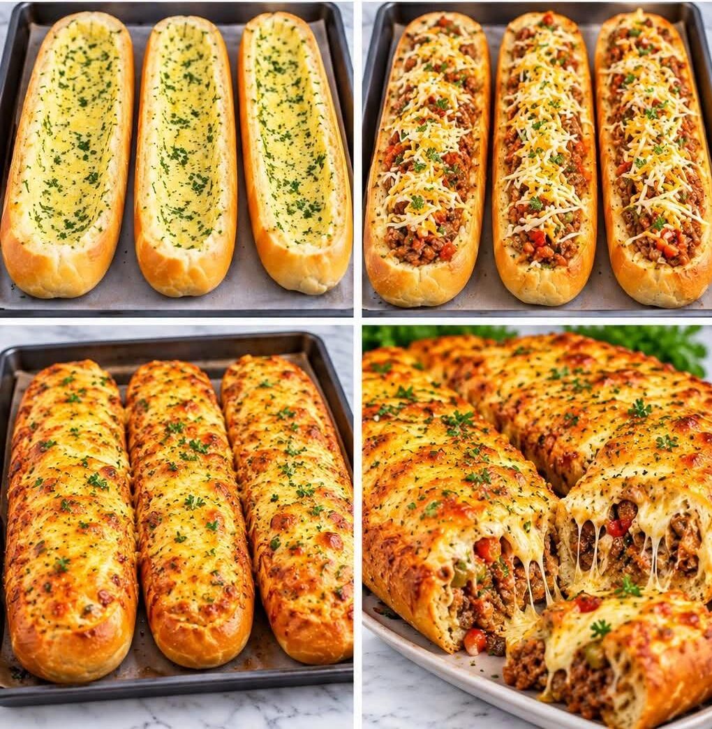 Мясные лодочки в чесночном хлебе: сочно, ароматно, по-домашнему
